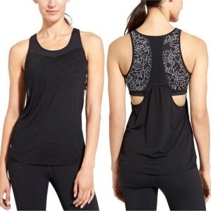 ATHLETA Black Gold Floral Supercharged Reflective Tank Top w/ Built in Bra MED